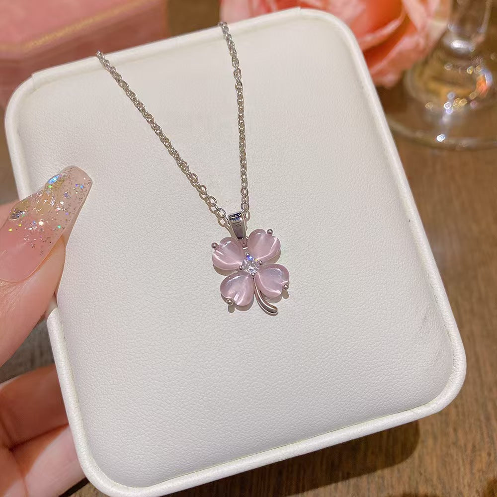 Pink Opal Clover Zircon Pendant Silver Necklace