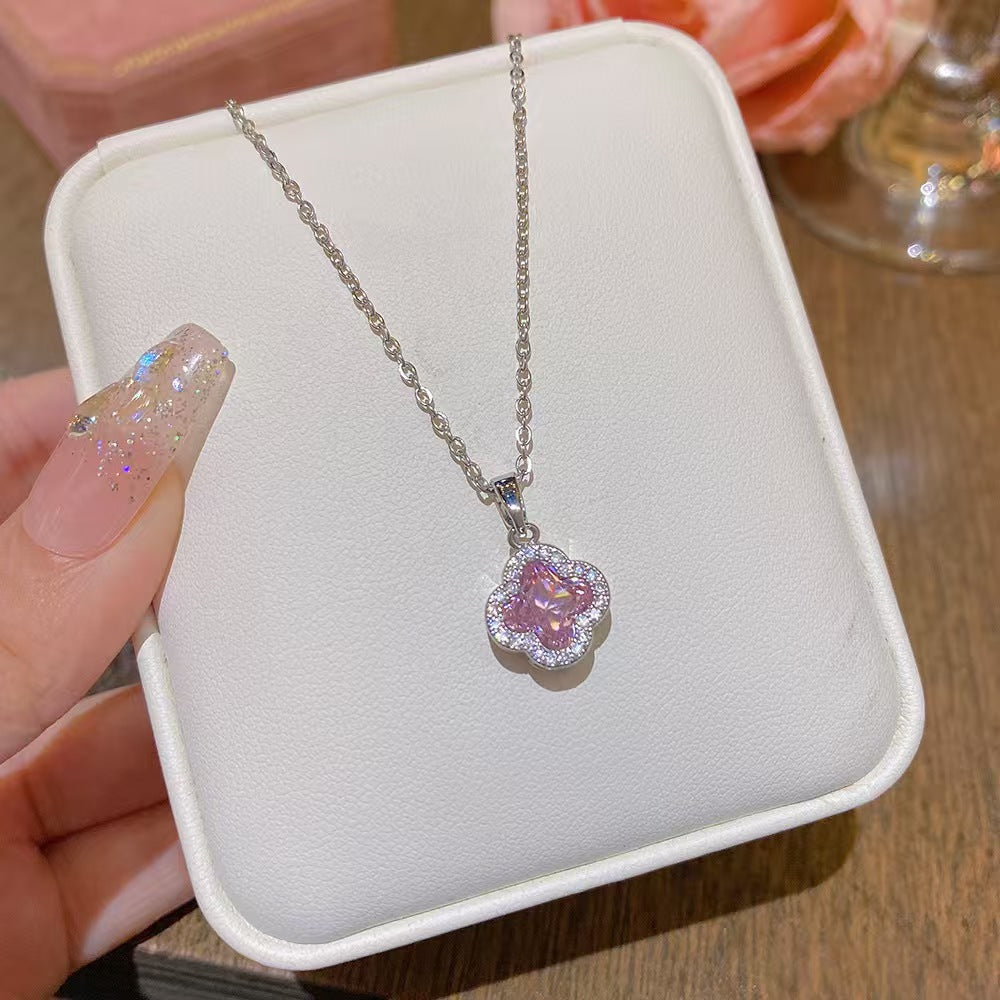 Pink Crystal Four Leaf Clover Silver Pendant Necklace