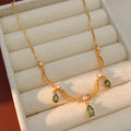 Vintage Gold Green Teardrop Crystal Pendant Necklace